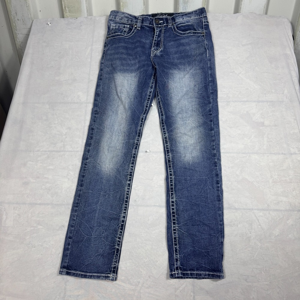 True Luck Mens Straight Jeans‎ Blue Denim Back Flaps Stretch Whisker Size 30/32